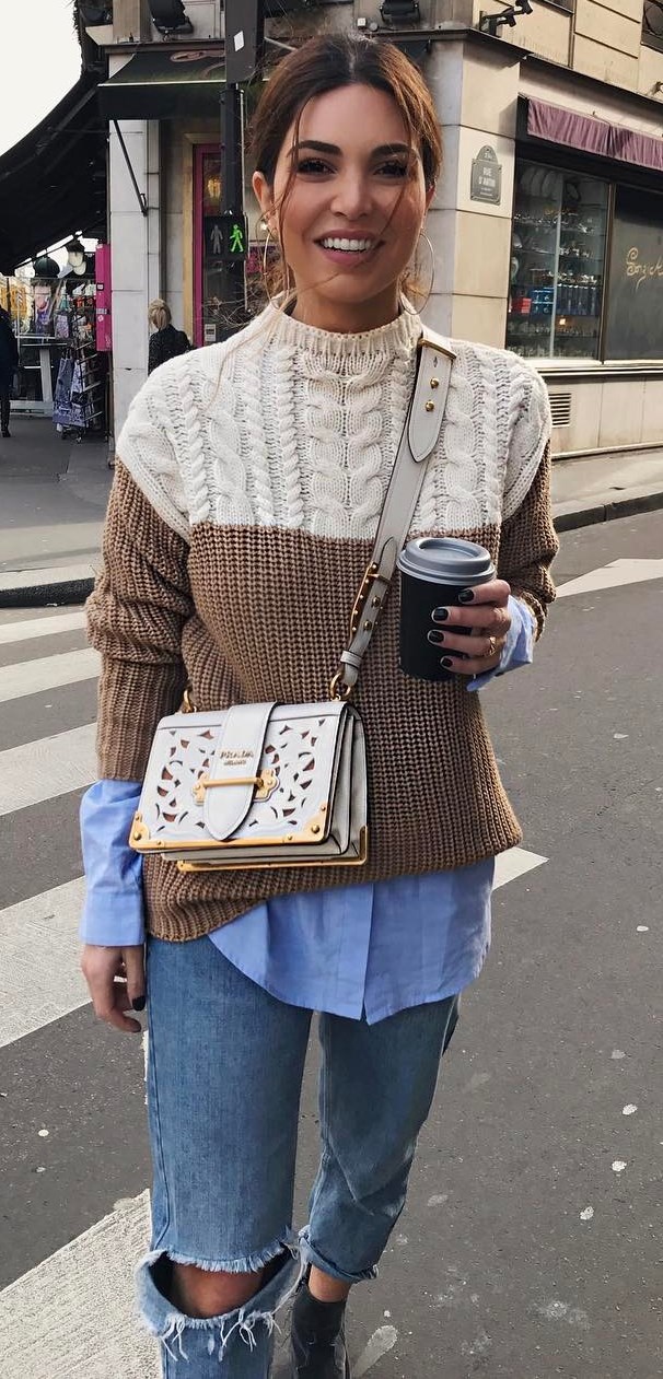 stylish look | knit sweater + blue shirt + ripped jeans + bag