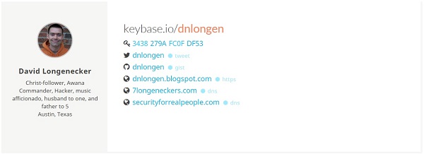 Keybase uses your social media identities as well as websites you control to prove your identity