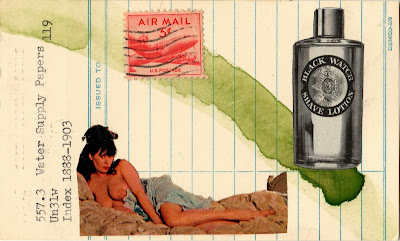 J.D. Salinger vintage reclining nude woman breasts tits airmail postage stamp black watch shave lotion bottle ad library due date card Dada Fluxus mail art collage