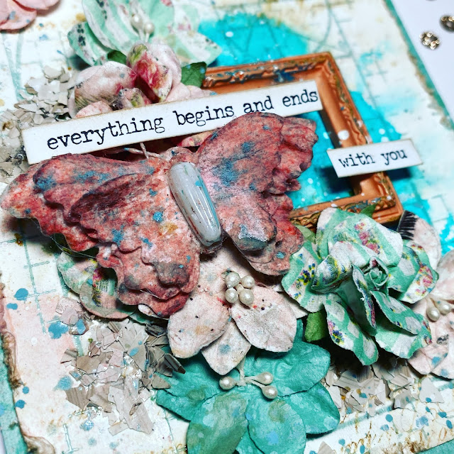 Mixed media handmade card with prima flowers that says everything begins and ends with you