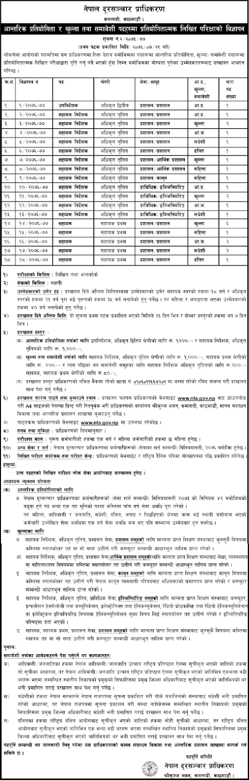 Nepal Telecommunications Authority (NTA) Vacancy Announcement