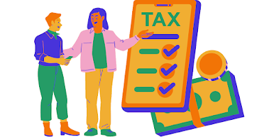 A men and a women graphic with a board with Tax word written