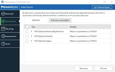 elementi potenzialmente dannosi trovati da AdwCleaner