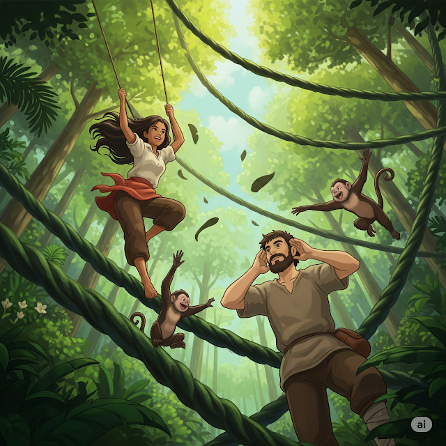 Twin monkeys swing through jungle canopy while a man and woman listen to secrets in the wind.
