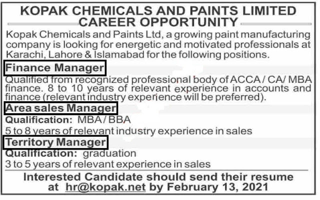 Kopak Chemicals and Paints Limited Jobs 2021 Islamabad