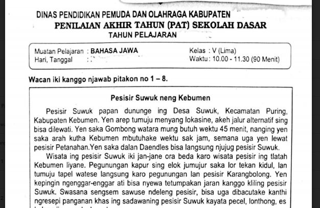 Download soal penilaian final tahun atau UAS semester  Soal Ulangan Bahasa Jawa Kelas 5 Semester 2 K13