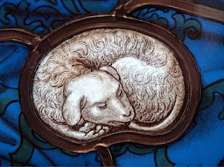 Stained glass image of sleeping lamb curled up