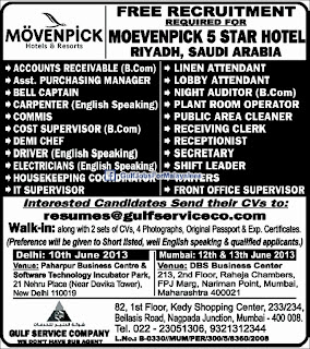 Free Recruitment For Movenpick 5 Star Hotel Saudi Arabia