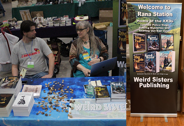 L-R: Aaron Hollingsworth and Jan S. Gephardt at the “Hollingsworth & Weird” dealers table, and a clearer view of the Weird Sisters Publishing banner.