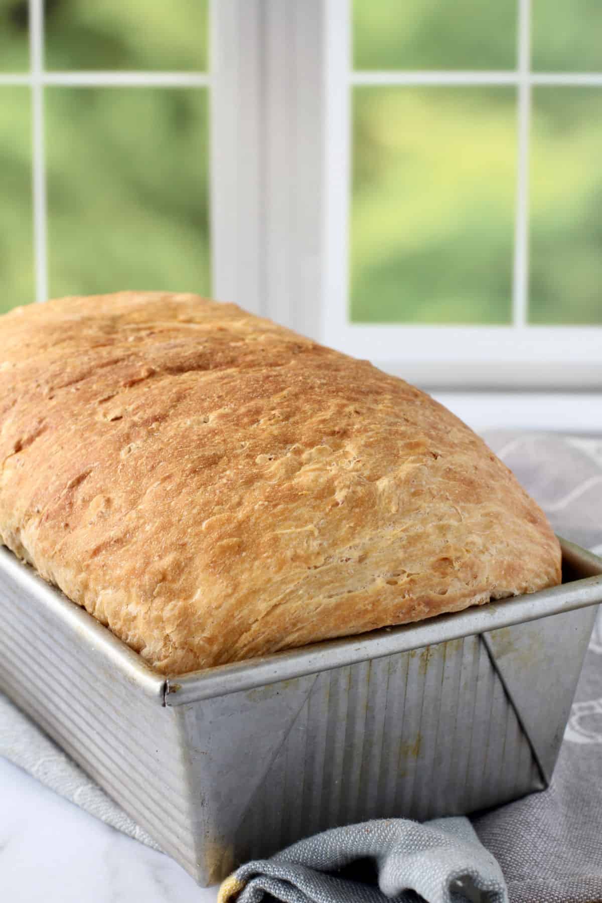 Honey Oatmeal Sandwich Bread in a loaf pan.