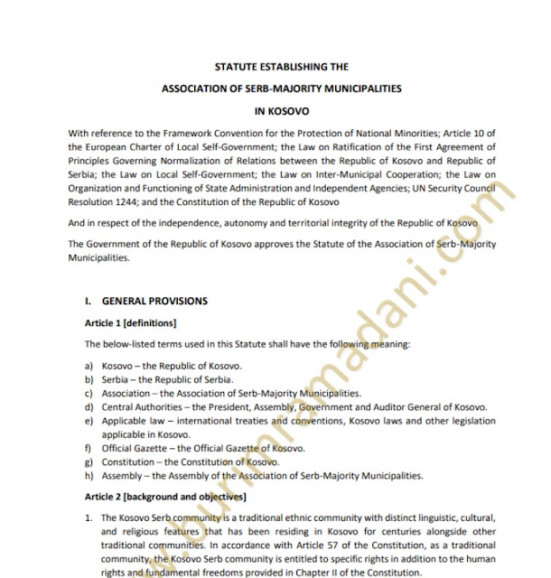 The full draft of the Statute for the Association of Serbian-Majority Municipalities in Kosovo published