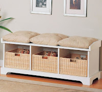Modern casual storage entryway bench with baskets and cushions