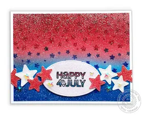 Sunny Studio: Glittery Red, White & Blue Fourth of July Card (using Fancy Frames Oval Dies, Window Trio Square dies, Cascading Stars Stamps and Stars & Stripes Stamps)
