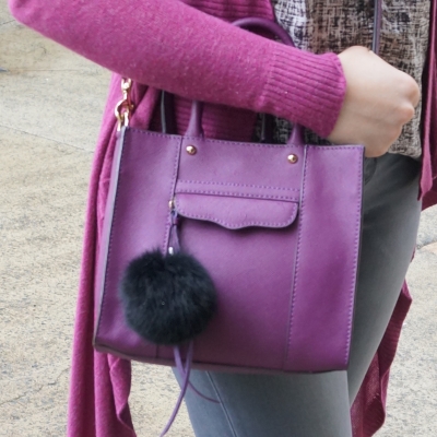 faux fur pom pom charm, Rebecca Minkoff mini MAB tote in plum | away from the blue