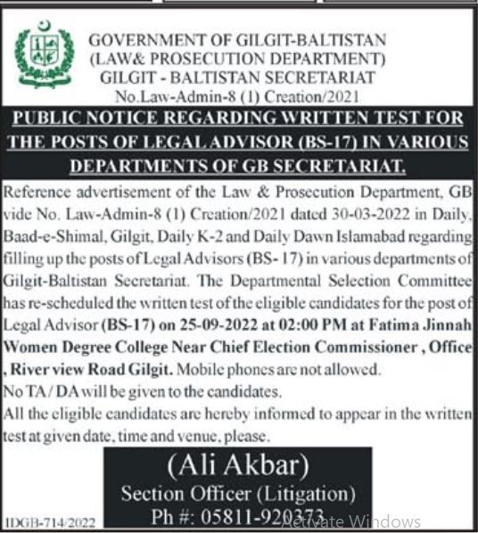 Latest Law and Prosecution Department Legal Posts Gilgit 2022