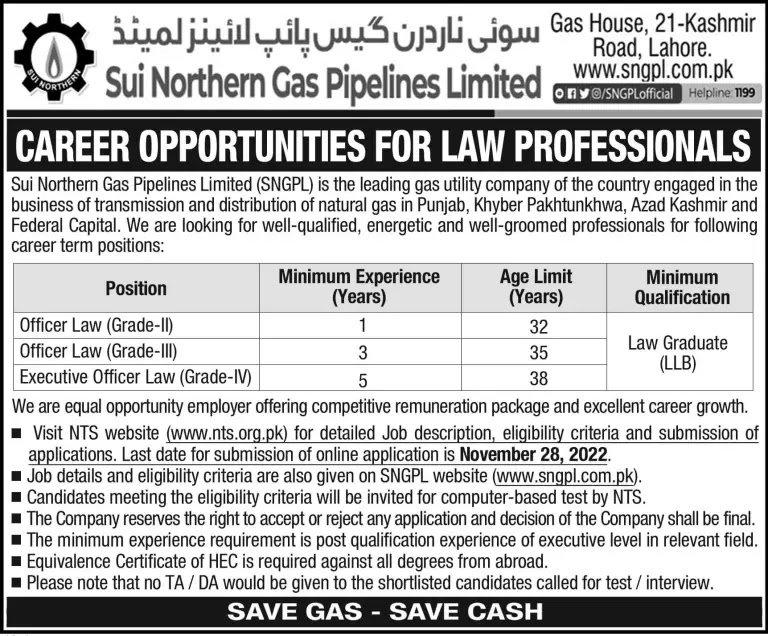 SNGPL Jobs 2022 - NTS Sui Northern Gas Jobs 2022 - Sui Northern Gas Pipelines Limited Jobs 2022