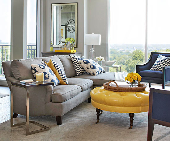 Navy Blue Yellow and Gray Living Room