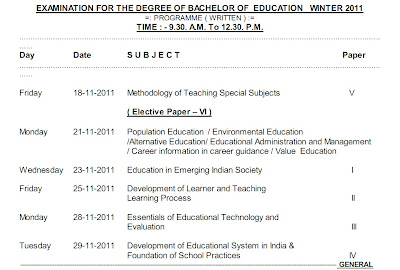 BACHELOR OF EDUCATION, B.Ed. Winter 2011 Nagpur University Timetable 