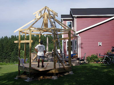 My little carpenter surveying all his work.