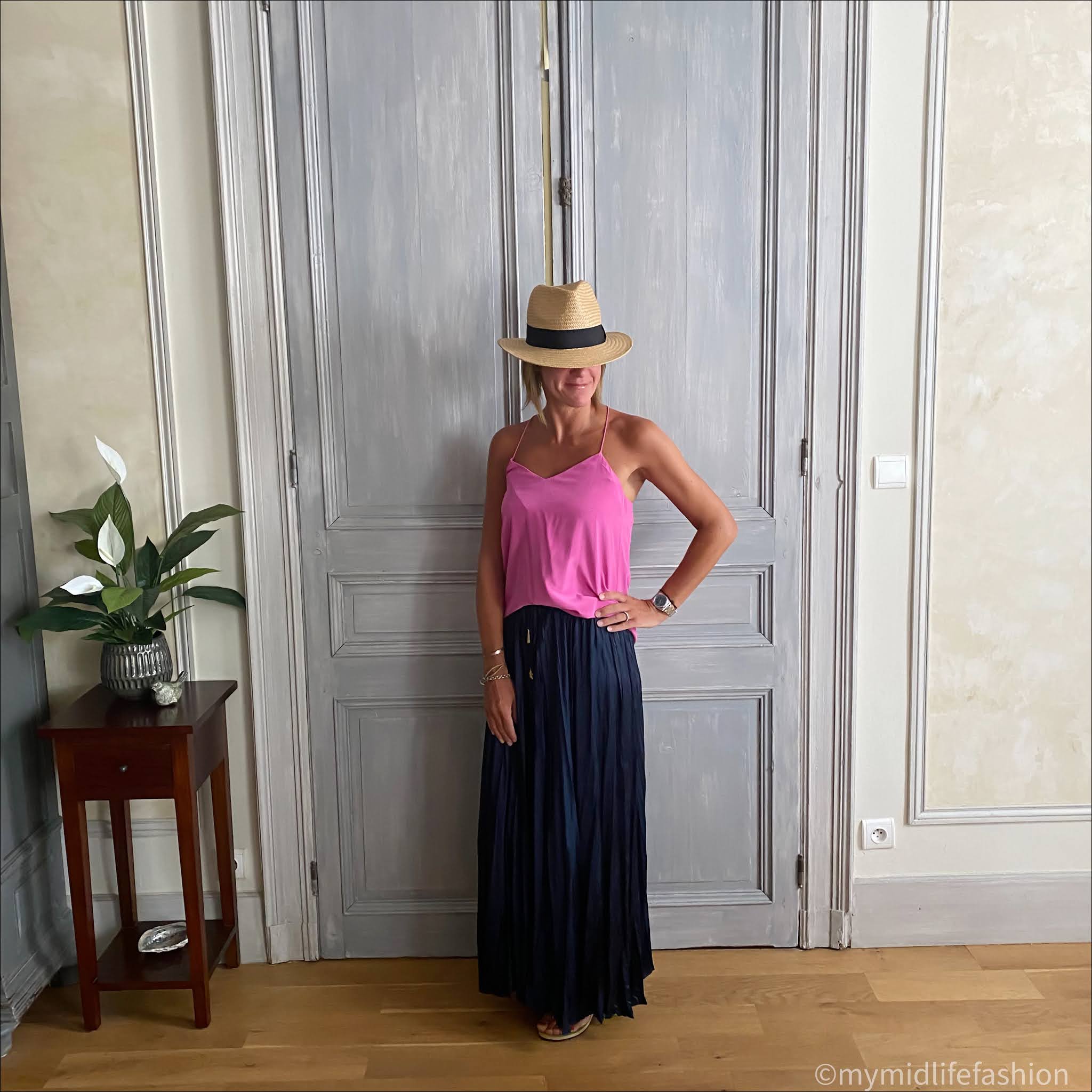 my midlife fashion, tibi silk camisole, h and m straw Panama hat, zara wrinkled satin effect skirt, havaiana slim fit gold flip flops