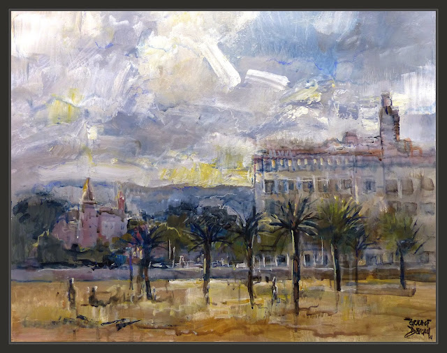 HOTEL-BRISAMAR-PINTURA-COMA-RUGA-PAISATGES-COMARRUGA-PLAYAS-PLATJA-TARDA-PALMERES-HOTELS-PINTURES-PINTOR-ERNEST DESCALS