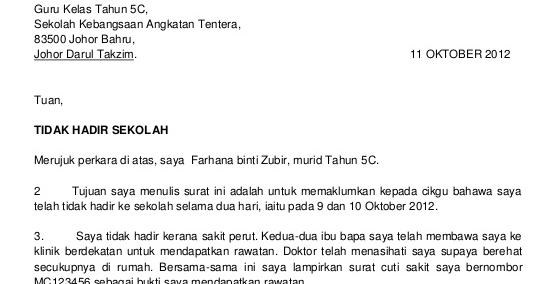 Contoh Surat Rasmi Cuti Sakit Tanpa Sijil Sakit 