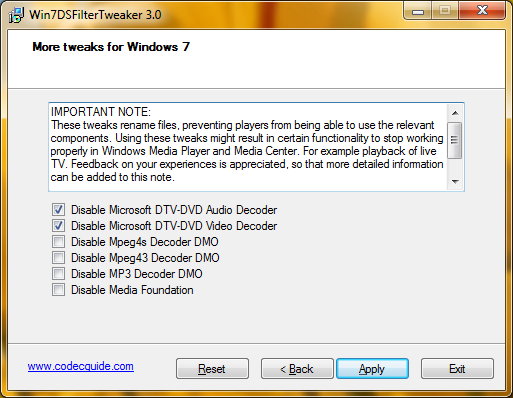 Win7DSFilterTweaker 3.0