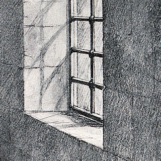 Drawing of a stone wall with iron bars set where a window might have been. Black and white.
