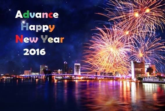 Advance Happy New Year 2016 image with beautiful fireworks over the tall buildings in a city with a river. Very beautiful Images