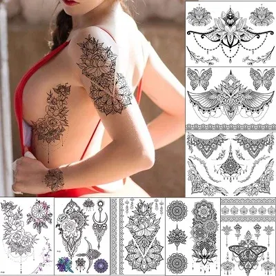 Black Mandara Tattoo for Women, Flower Leaf Butterfly Dreamcatcher Designs Temporary Tattoo Body Art