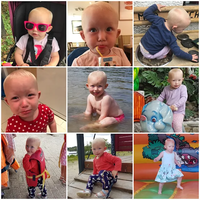 A collage of 9 pictures of my toddler: wearing sunglasses, drinking a juice box in Loch Fyne, sitting in the sink of her mud kitchen, sulking with make up on her face after having it taken away from her, sitting in the sea, on a merry go round elephant, wearing a life jacket, on a climbing frame and on a bouncy castle