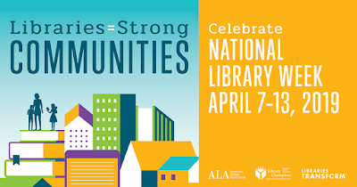 Promotional banner for National Library Week, divided vertically into two fields. The left field, which occupies roughly three-fifths of the total banner, displays buildings and a stack of books with a group of human figures standing atop the pile of books. The caption above them reads, 'Libraries = Strong Communities.' The right quadrant consists of white text against a yellow-orange background that reads, 'Celebrate National Library Week, April 7-13, 2019'