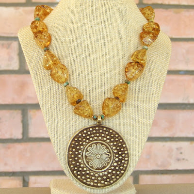 brass flower, amber and turquoise handmade necklace