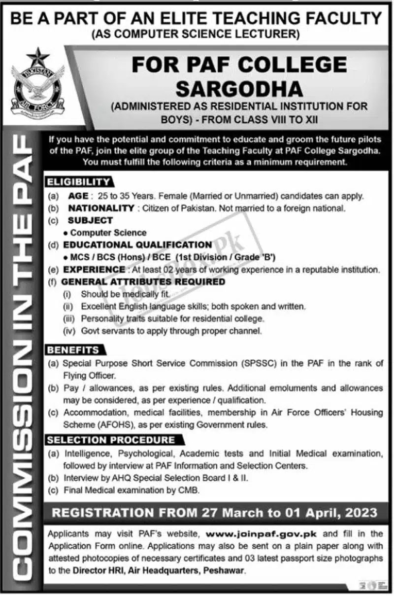 Pakistan Air Force PAF College Sargodha Jobs 2023 - Latest Advertisement