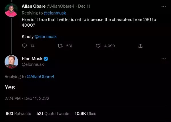 Elon Musk's reply on tweet character limit to 4000