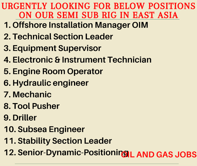 Urgently looking for below positions on our Semi Sub Rig in East Asia