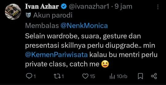 tolong alokasikan waktunya untuk ikut pelatihan Public Speaking ya bu ya agar tidak seper Menteri Pariwisata jadi sorotan netizen... pidatonya kayak Fufufafa, baca teks, kaku, tanpa ekspresi