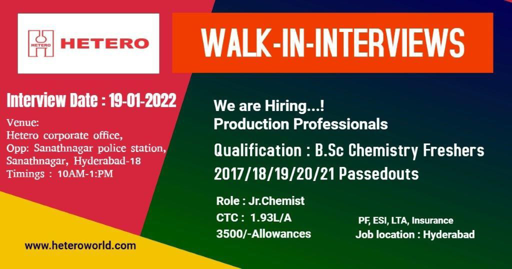 Job Availables,Hetero Walk-In-Interview For BSc Chemistry Freshers