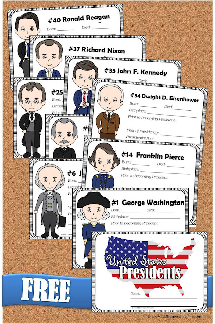FREE Presdients Fact Book for kids - Super cute book with cute president clipart for each of the 44 presidents and space to write in facts for each president. LOVE this resource for homeschool social studies 1st grade, 2nd grade, 3rd grade, 4th grade, 5th grade, and 6th grade