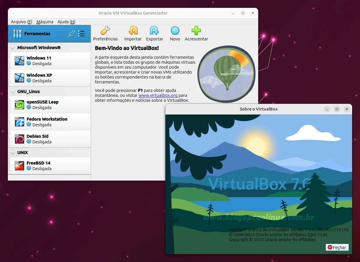 Oracle VM VirtualBox executando no Ubuntu 23.04 (Lunar Lobster)