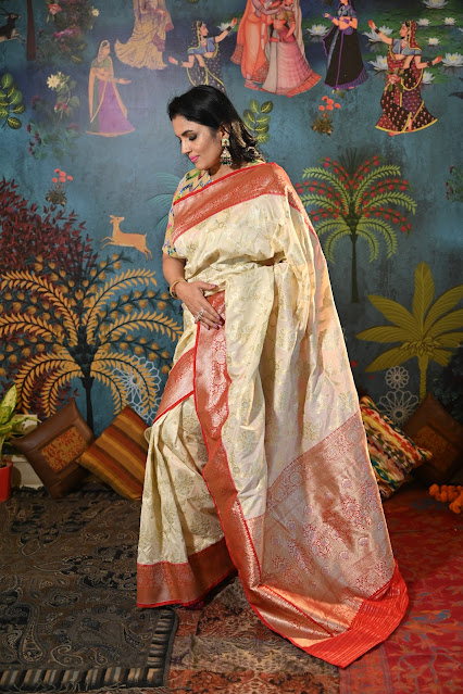 Banarasi white and red sona Rupa zari saree