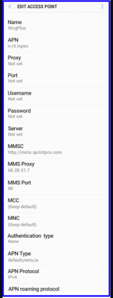 RingPlus 4G APN Settings