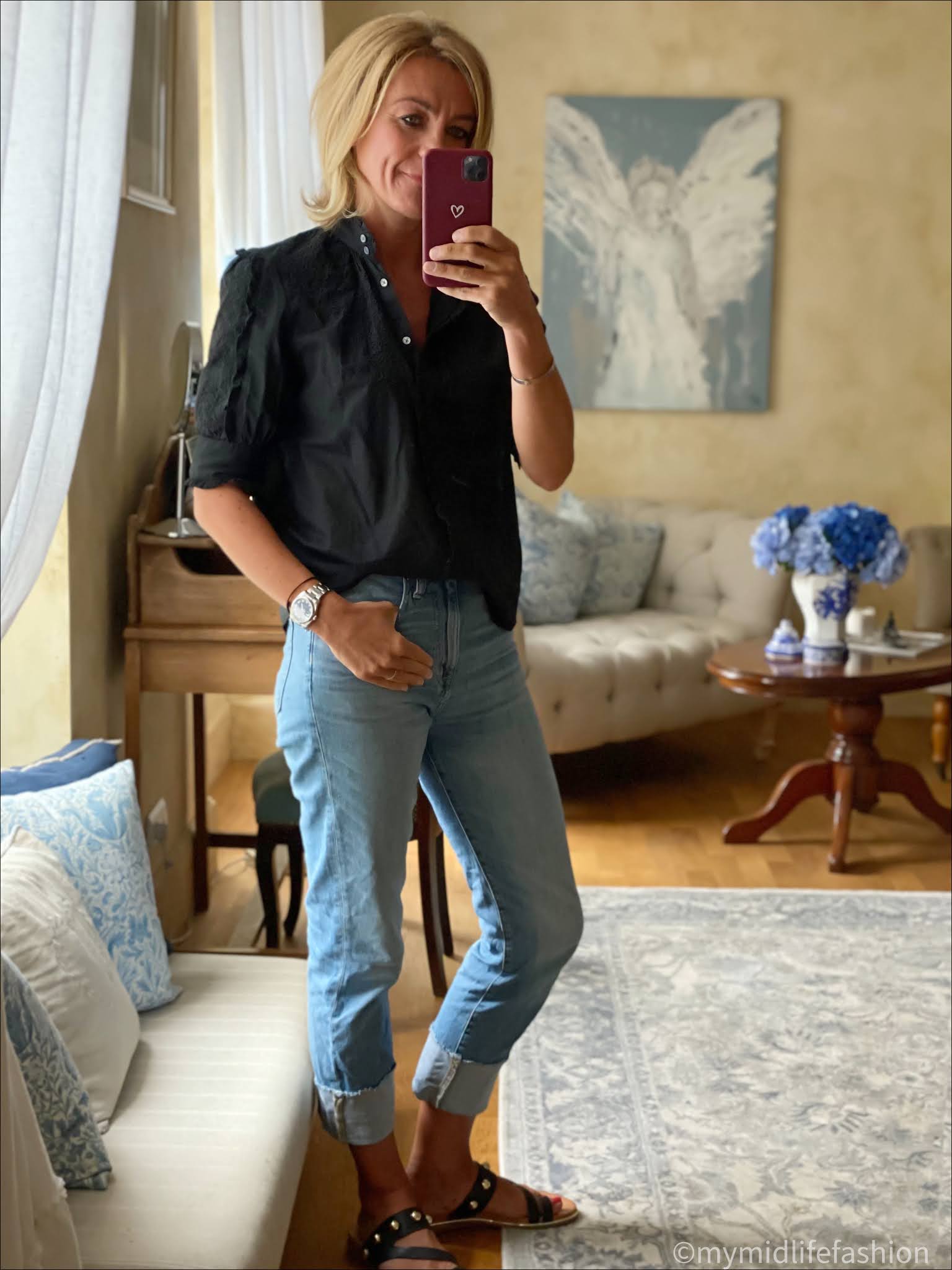 my midlife fashion, frill collar j crew blouse, j crew boyfriend turn up jeans, carvela karafe sandals