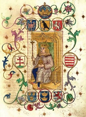 Matias Corvino, Rey de Hungria-Bohemia (Chequia), Duque de Austria, Señor de Silesia (en Polonia), Principe de Transilvania (en Rumania) y Croacia, etc. Imagen del famoso monarca renacentista sentado en su trono (1490). 