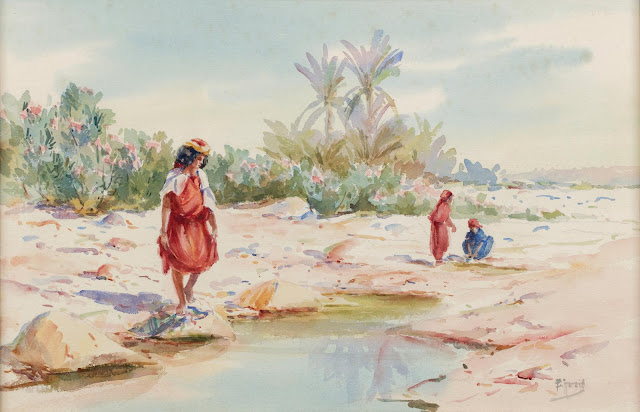 Laveuses dans l'oued - Edouard Herzig (Suisse - Neuchâtel 1860- Alger 1926) - Aquarelle sur papier - 32,5 x 49,5 cm