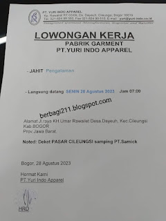 Lowongan kerja PT Yuri Apparel Indonesia