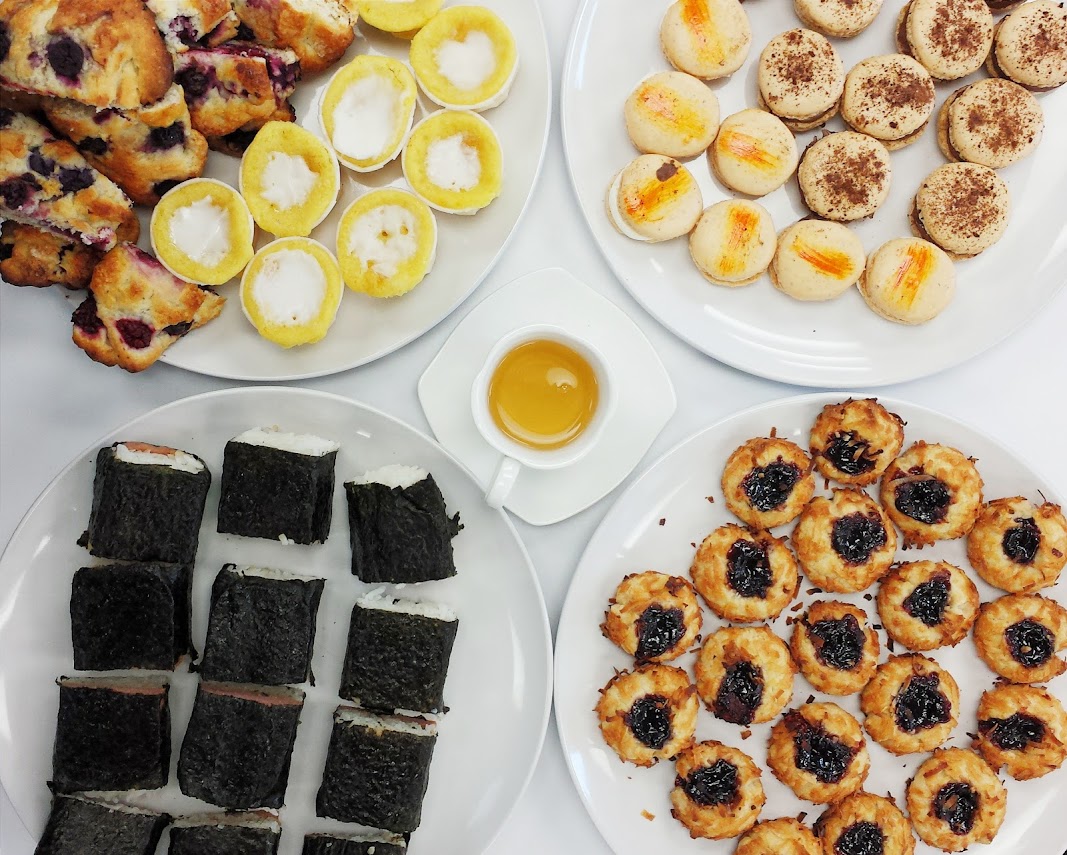 French macarons, mini cupcakes, scones, jam thumbprints and spam musubi... perfect treats for any party via design. bake. run.
