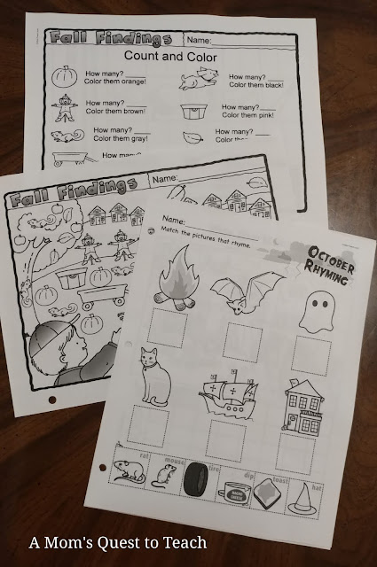 Halloween and Fall-themed worksheets from My Teaching Library