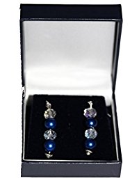 Pendientes de gota, perla sintética azul oscuro y cristal transparente con pendientes chapados en plata