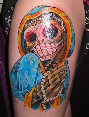 inner thigh tattoos. left thigh tattoos-day of dead